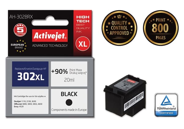 Activejet AH-302BRX-bläck (ersättning för HP 302XL F6U68AE; Premium; 20 ml; svart)