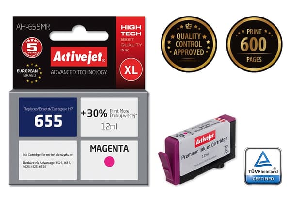 Activejet AH-655MR-bläck (ersättning för HP 655 CZ111AE; Premium; 12 ml; magenta)