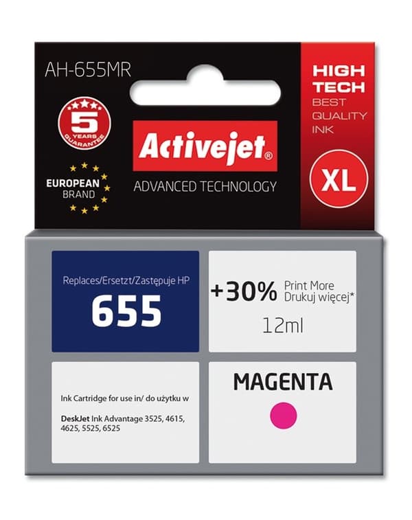 Activejet AH-655MR-bläck (ersättning för HP 655 CZ111AE; Premium; 12 ml; magenta)