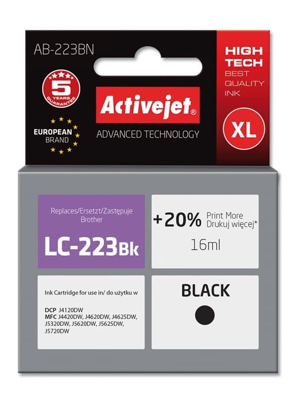 Activejet AB-223BN muste (korvaa Brother LC223Bk:lle; Supreme; 16 ml; musta)