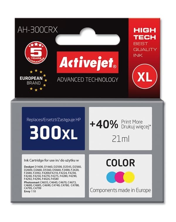 Activejet AH-300CRX HP skrivarbläck, kompatibel med HP 300XL CC644EE; Premie; 21 ml; Färg. Pr