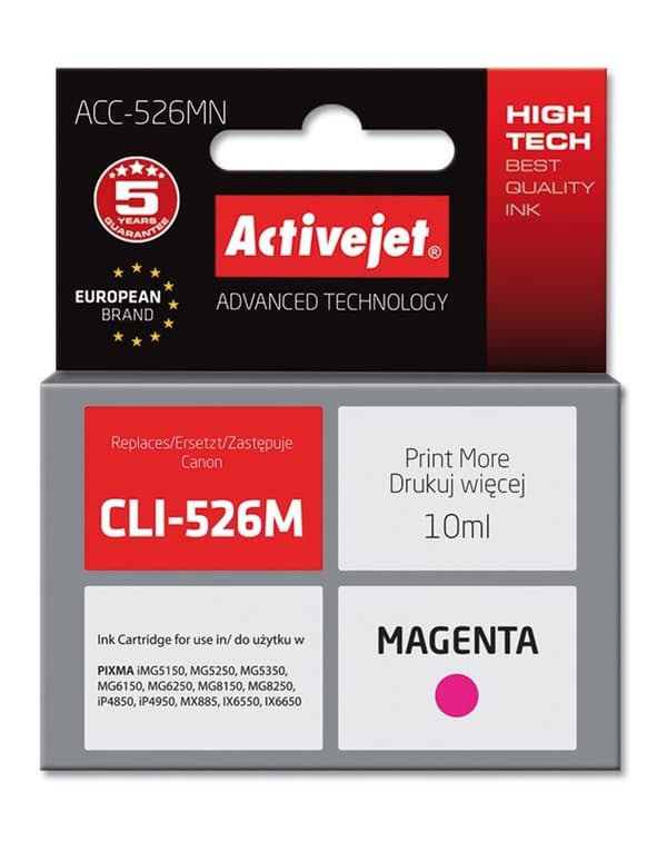 Activejet ACC-526MN bläckpatron (ersättning för Canon CLI-526M; Supreme; 10 ml; magenta)