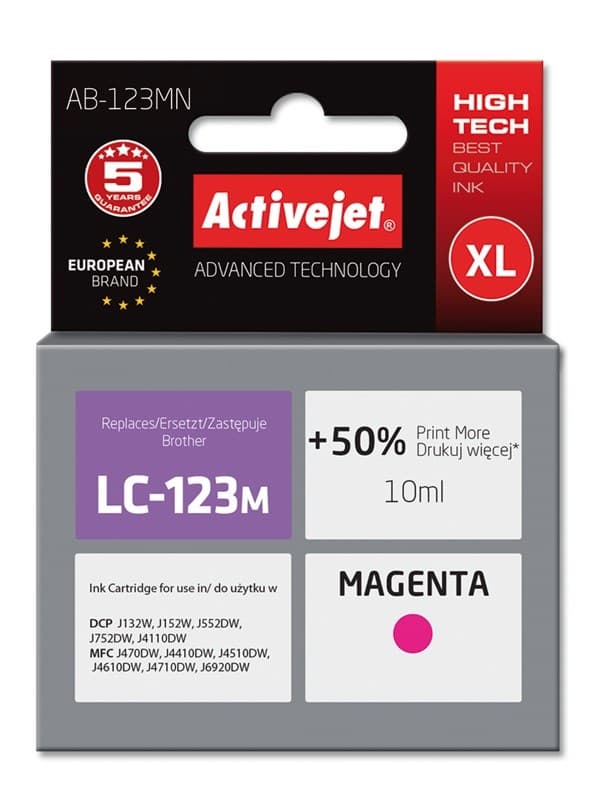 Activejet AB-123MN bläckpatron (ersättning för Brother LC123M/121M; Supreme; 10 ml; magenta)
