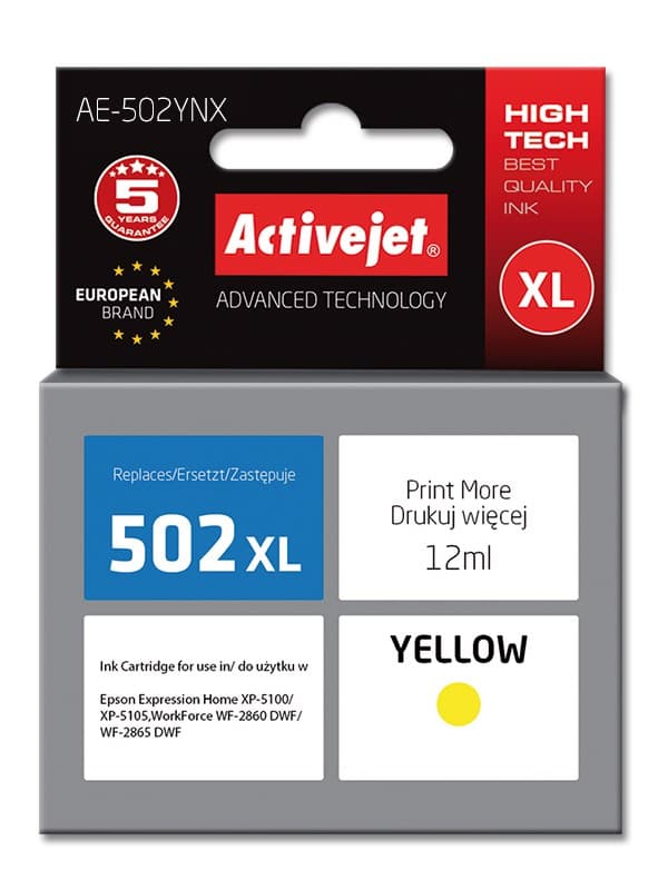 Activejet AE-502YNX-bläck (ersättning för Epson 502XL W44010; Supreme; 12 ml; gul)