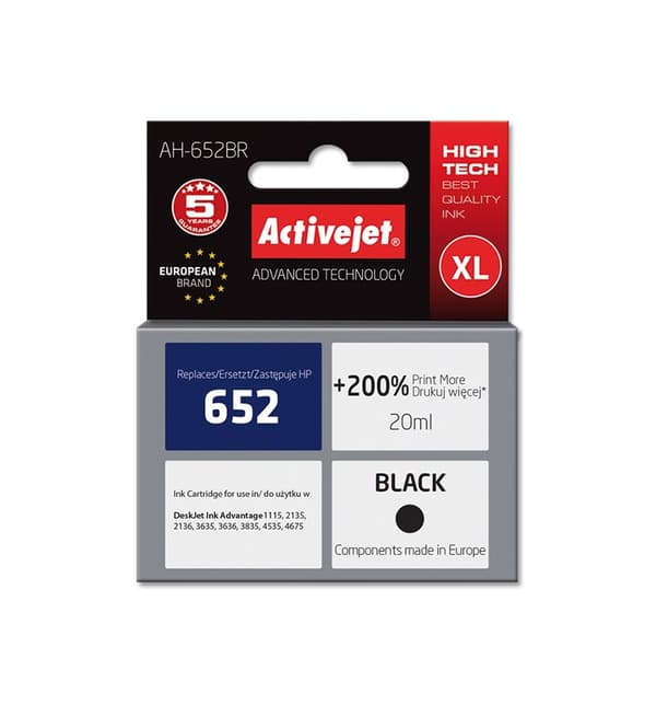 Activejet AH-652BR blæk (erstatning for HP 652 F6V25AE; Premium; 20 ml; sort)