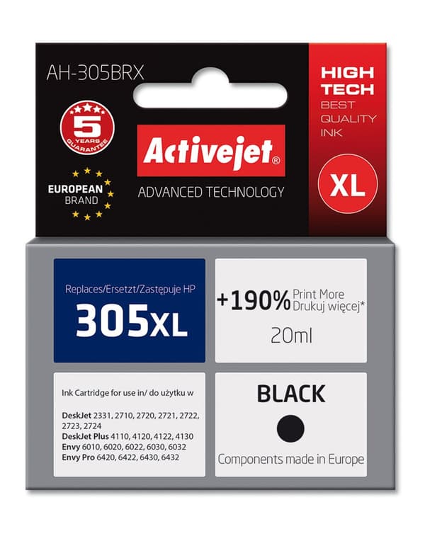 Activejet AH-305BRX blæk (erstatning for HP 305 XL 3YM62AE; Premium; 20 ml; sort)