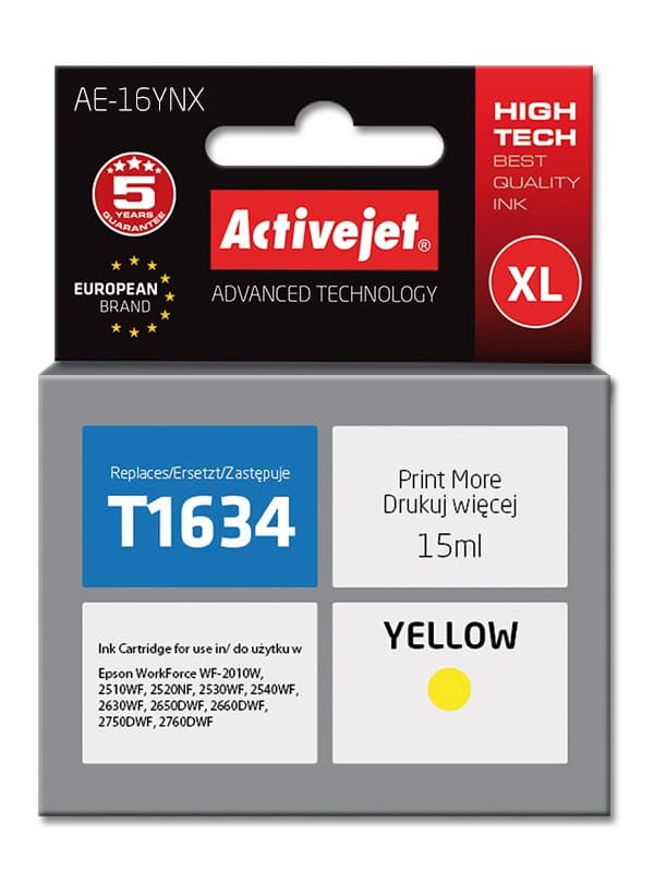 Activejet AE-16YNX bläckpatron (ersättning för Epson 16XL T1634; Supreme; 15 ml; gul)