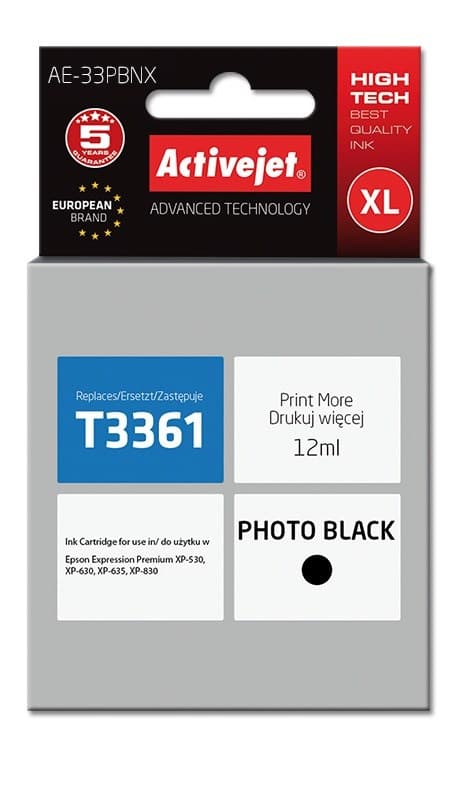 Activejet AE-33PBNX -muste (korvaa mallille Epson 33XL T3361; Supreme; 12 ml; musta)