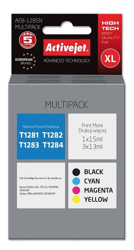 Activejet AEB-1285N bläck (ersättning för Epson T1281, T1282, T1283, T1284; Supreme; 1 x 15 ml, 3 x