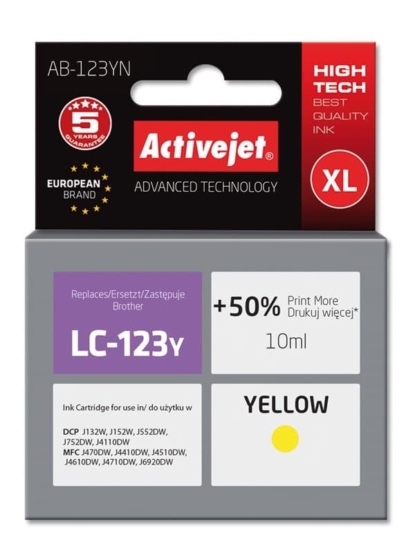 Activejet AB-123YN bläckpatron (ersättning för Brother LC123Y/121Y; Supreme; 10 ml; gul)