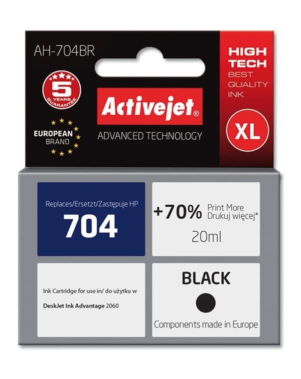 Activejet AH-704BR HP printerblæk, kompatibel med HP 704 CN692AE; Præmie; 20 ml; sort. Udskrifter