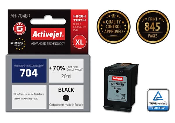 Activejet AH-704BR HP printerblæk, kompatibel med HP 704 CN692AE; Præmie; 20 ml; sort. Udskrifter