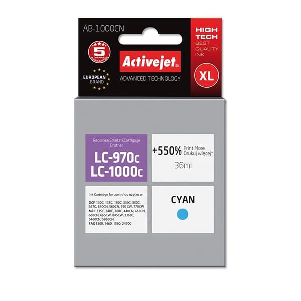 Activejet AB-1000CN bläckpatron (ersättning för Brother LC1000C/970C; Supreme; 36 ml; cyan). Pri