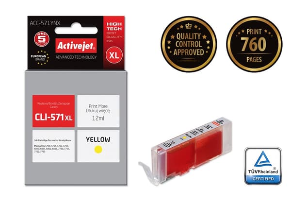 Activejet ACC-571YNX blækpatron (erstatning for Canon CLI-571XLY; Supreme; 12 ml; gul)