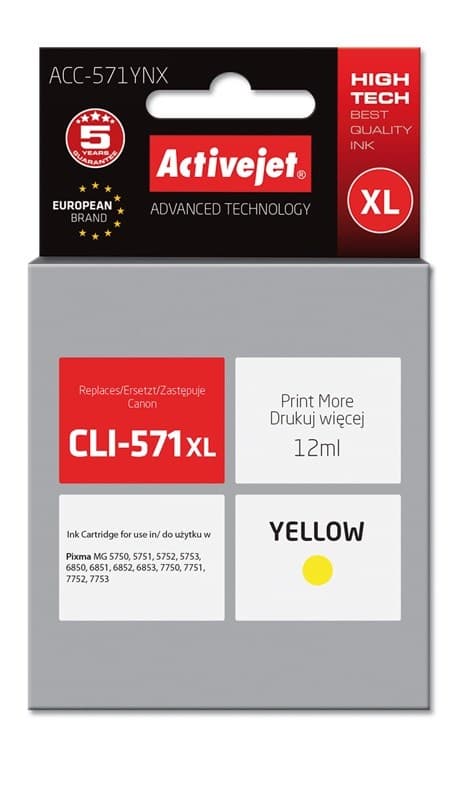 Activejet ACC-571YNX blækpatron (erstatning for Canon CLI-571XLY; Supreme; 12 ml; gul)