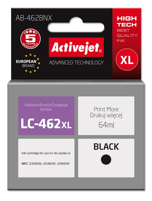 Activejet AB-462BNX bläck för Brother-skrivare, Ersättnings Brother LC-462XLBK; Överlägsen; 64 ml; svart.