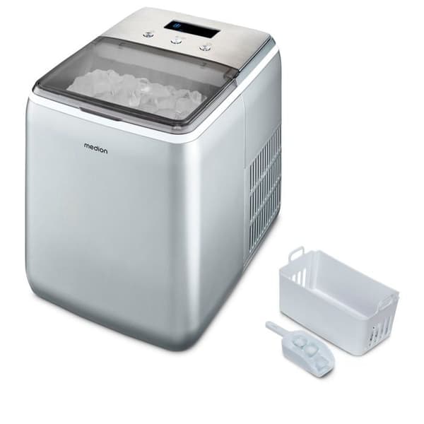 Kristallin ismaskin – MEDION MD11950 – 2,6L vattentank – 15kg/24h – 2 storlekar – 10 minuter – Rostfritt stål