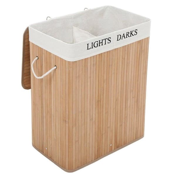 Homestyle Pro rektangulær bambus vasketøjskurv + tekst 52x32x63 cm Natur/Hvid