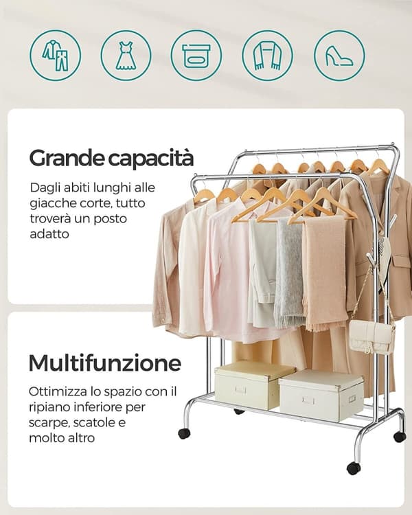 Songmics Clothes Rail, klädställ, dubbla kläder hängande skena, tung metallram, silver