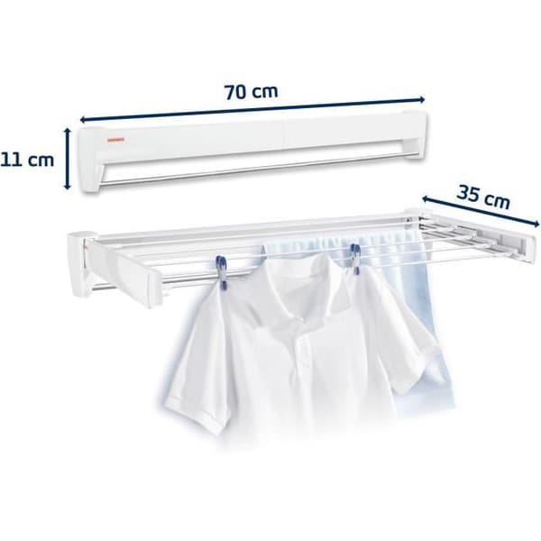 Väggtork Leifheit Telegant 36 Protect Plus 83201, utdragbar väggtork med 5 stänger på 72 cm, rostfritt material, vit