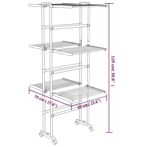 The Living Store tørrestativ 3 niveauer med hjul 60x70x129 cm sølvfarvet -  Tørrestativer