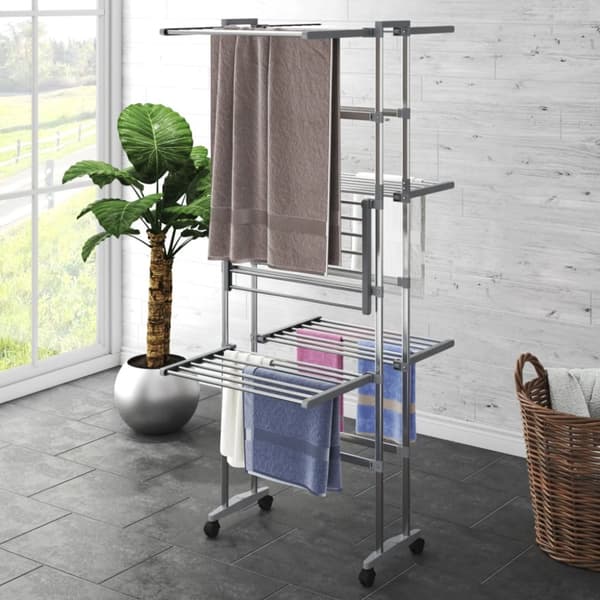 The Living Store tørrestativ 3 niveauer med hjul 60x70x129 cm sølvfarvet -  Tørrestativer