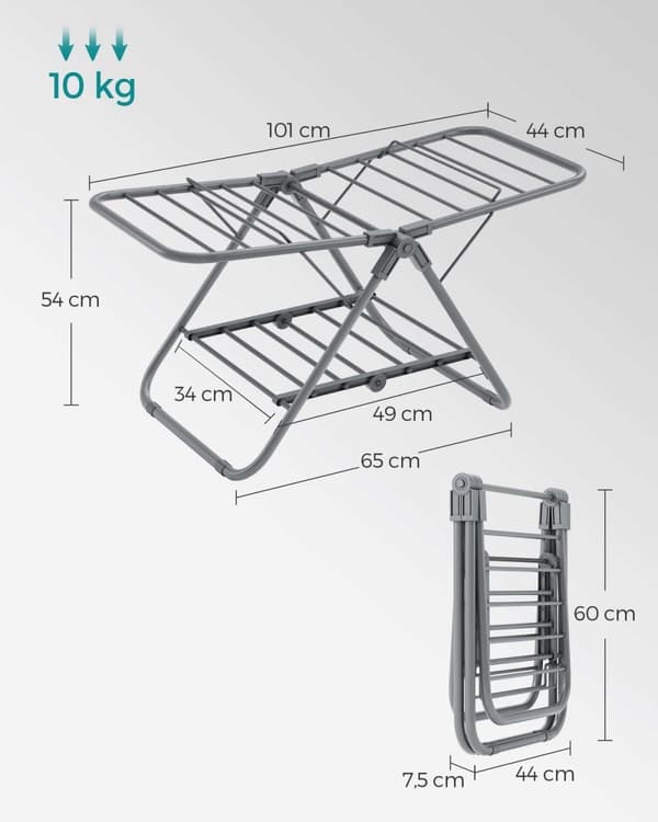 Rootz Dove Grå Vaskestativ i stål og PP Plast - Vaskestativ - Tørrestativ - Kompakt design - Letvægts - Nem montering - 44 cm x 101 cm x 54 cm (D x B