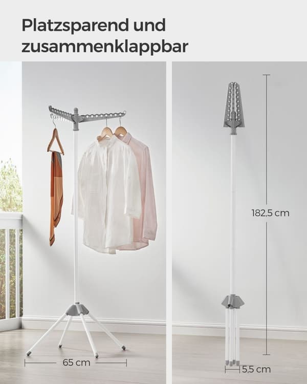 Rootz bærbart grå-hvidt vaskestativ - Vaskestativ - Tørrestativ - Rustfrit stål - Plastik - Letvægts - Kompakt - Nem at folde - 65 cm x 65 cm x 150 cm