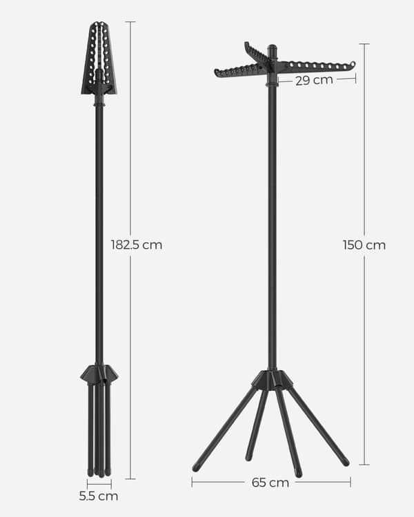 Rootz bærbart sort vaskestativ - Vaskestativ - Tørrestativ - Rustfrit stål - Plastik - Letvægts - Kompakt design - Nem montering - 65 cm x 65 cm x 150
