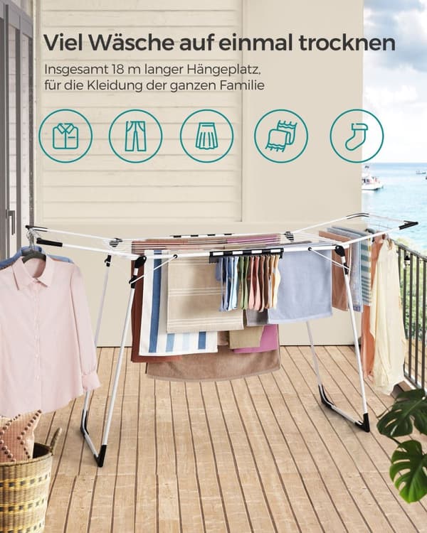 Rootz White Steel PP Plastic Vaskestativ - Vaskestativ - Tørrestativ - Robust konstruktion - Pladsbesparende - Nem montering - 56,5 cm x 173 cm x 96,5