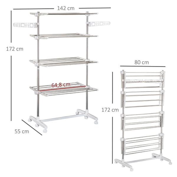 Rootz Mobile Clothes Airer pyörillä - Taitettava kuivausteline - Ruostumaton pyykkiteline - Maksimaalinen monipuolisuus - Optimaalinen joustavuus - He