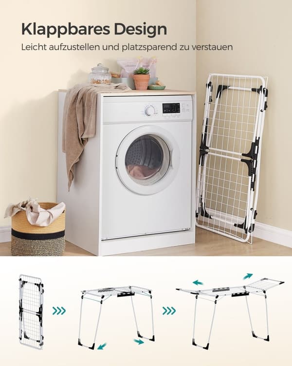 Rootz Hvidt vasketøjstørrestativ - Tørretumbler - Pladsbesparende - Stål - PP Plast - 56,5 cm x 173 cm x 96,5 cm - Sammenfoldelig - 4 kg.