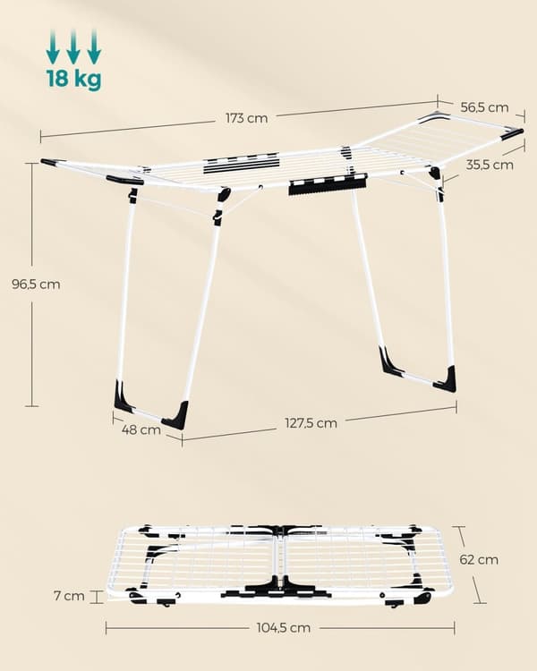 Rootz Hvidt vasketøjstørrestativ - Tørretumbler - Pladsbesparende - Stål - PP Plast - 56,5 cm x 173 cm x 96,5 cm - Sammenfoldelig - 4 kg.