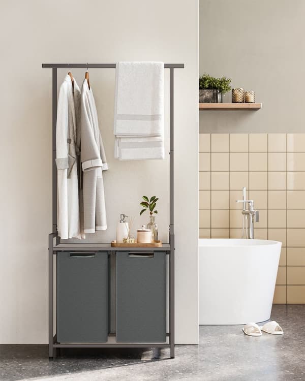 Rootz vaskerisortering med tøjstang - Greige meleret skifergrå - Opbevaringsorganisering - Spånplade - Stål - Oxford-klud - 73 cm x 33 cm x 177 cm