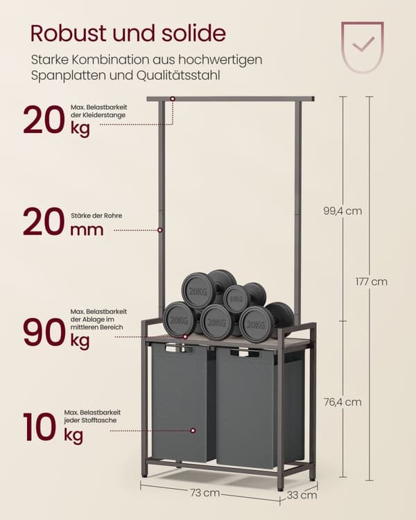 Rootz vaskerisortering med tøjstang - Greige meleret skifergrå - Opbevaringsorganisering - Spånplade - Stål - Oxford-klud - 73 cm x 33 cm x 177 cm