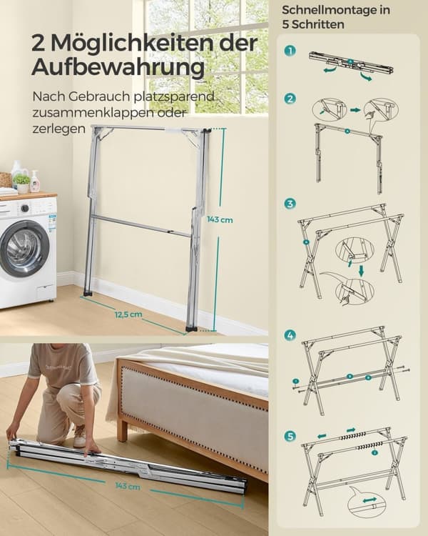 Rootz Dove Grey ruostumattomasta teräksestä valmistettu pesuteline - Vaatteiden kuivausteline - Pyykin järjestäjä - Suuri 66cm x (133-200)cm x 130cm