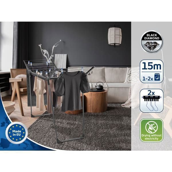 Tvättställ Leifheit Pegasus 150 Solid Slim Black 81690, tvättställ med 15 m torkyta, klädställ med 2 tillbehör, svart