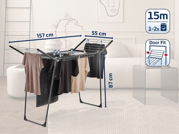 Tvättställ Leifheit Pegasus 150 Solid Slim Black 81690, tvättställ med 15 m torkyta, klädställ med 2 tillbehör, svart