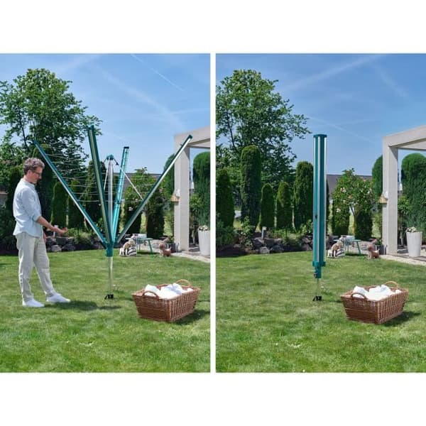 Solsäng paraply Leifheit Linomatic 500 Deluxe Täcka 82007, trädgårdstork med utdragbara trådar och 50m torkutrymme, skydd, grön