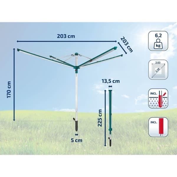 Solsäng paraply Leifheit Linomatic 500 Deluxe Täcka 82007, trädgårdstork med utdragbara trådar och 50m torkutrymme, skydd, grön