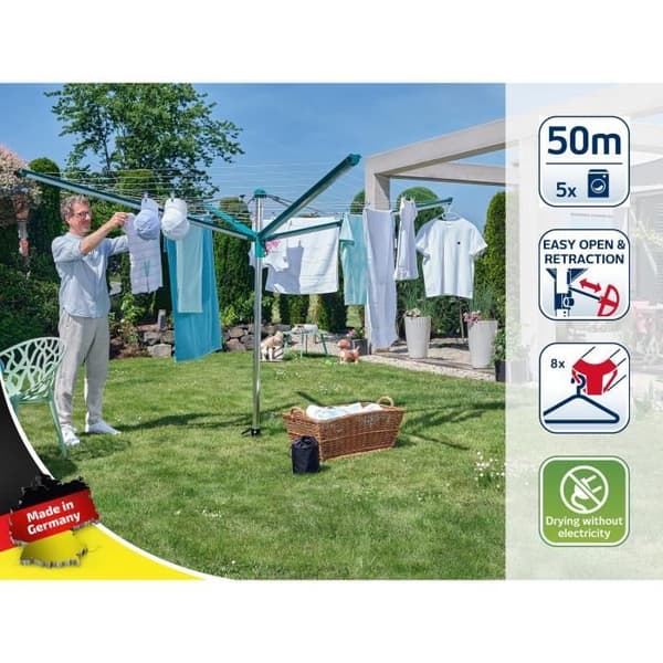 Solsäng paraply Leifheit Linomatic 500 Deluxe Täcka 82007, trädgårdstork med utdragbara trådar och 50m torkutrymme, skydd, grön