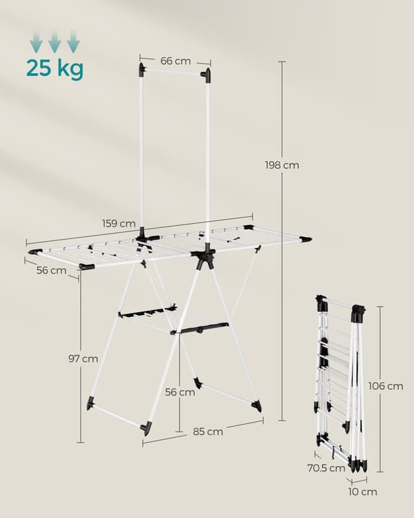 Kuivausteline, SONGMICS, 66x159x198 cm, Harmaa, Valkoinen.