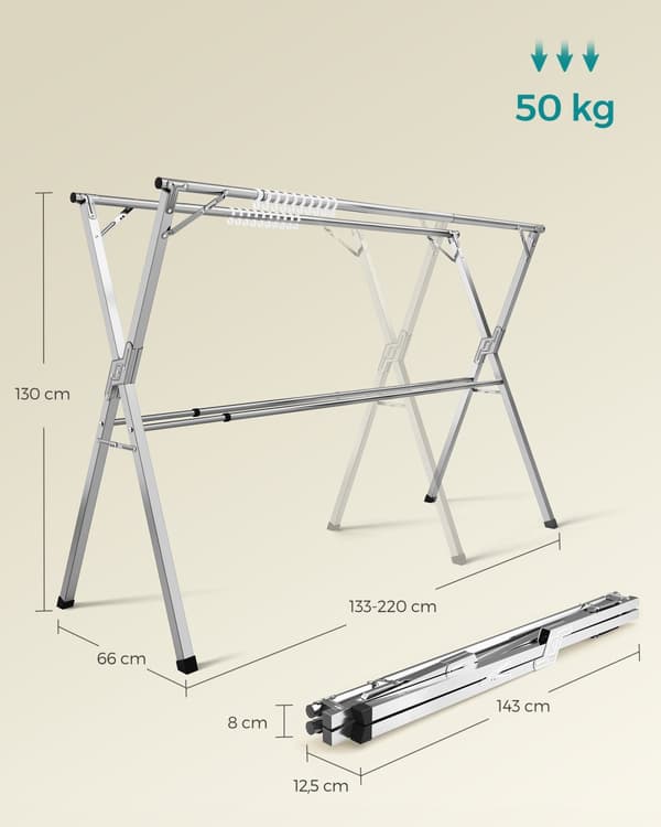 Tøjstativ, Stående Tørrestativ, 133-200 cm Udtrækkelig, Sammenklappelig, Fritstående, Duegrå.