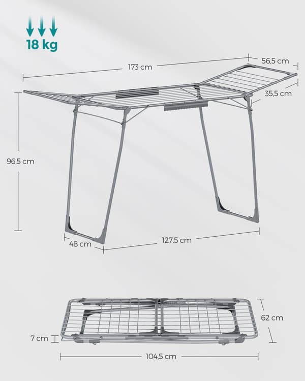 Tøjstativ, Standtørretumbler, 56,5 x 173 x 96,5 cm, Grå