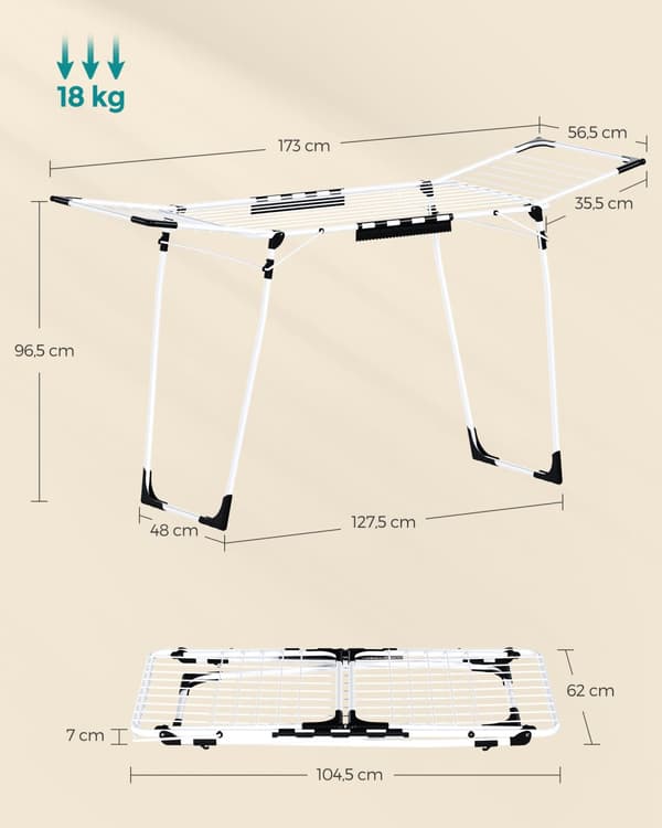 Tøjstativ, Standtørretumbler 56,5 x 173 x 96,5 cm, Hvid