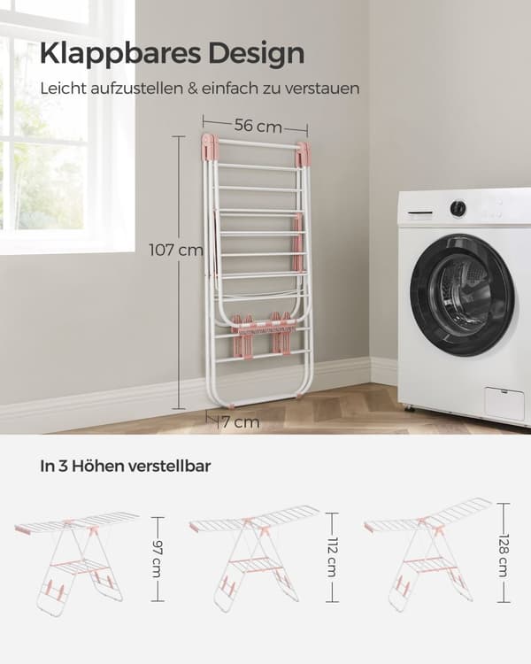 Kuivausteline, SONGMICS taitettava, hopea, 16 m, 51x147x(97/112/128) cm