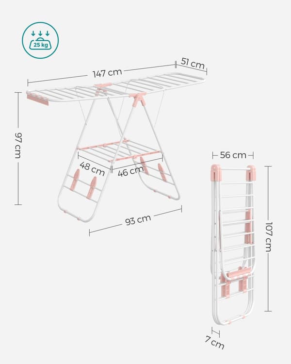 Kuivausteline, SONGMICS taitettava, hopea, 16 m, 51x147x(97/112/128) cm