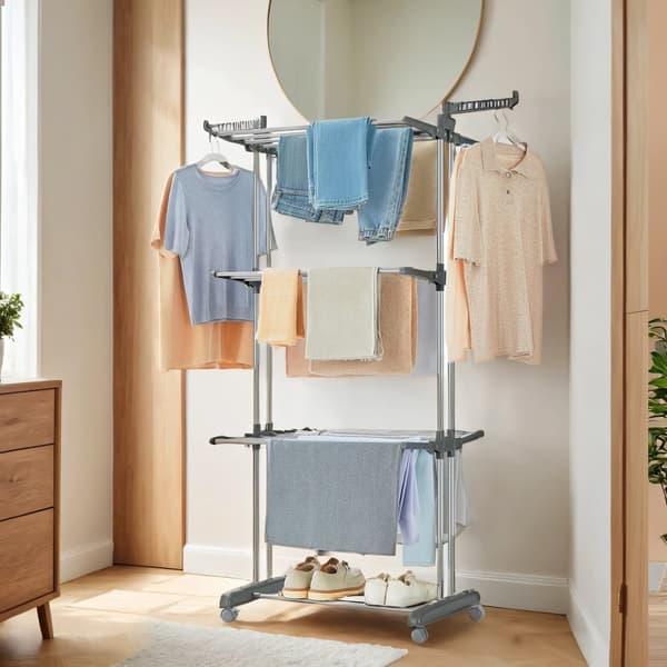Daring rack - 4 levels with folding wings - Sturdy wheels - Gray