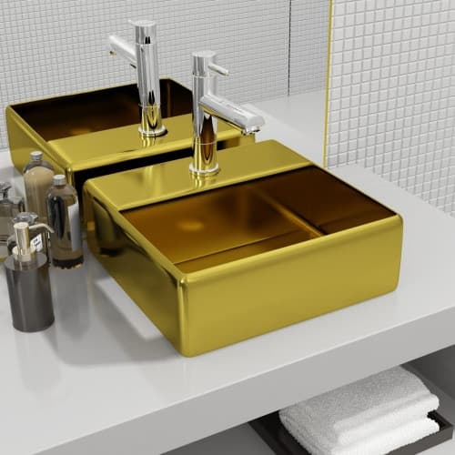 Handfat med kranhål 38x30x11,5 cm keramik guld