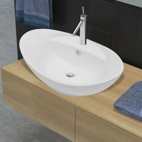Lyxigt keramisk handfat oval med överflöds- & kranhål